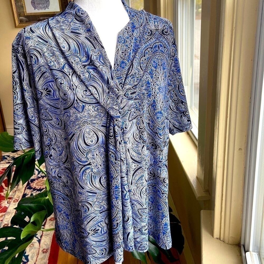 Rafaella‎ Studio Short Sleeve Paisley Blue Blouse sz PXL​​​​​​​​​​​​​​​​​​​​​​​​